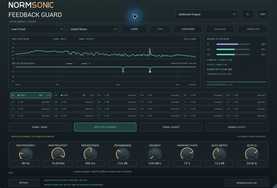 Tatsächlicher Learn-Fixed-Modus und feste Filterbank von FEEDBACK GUARD
