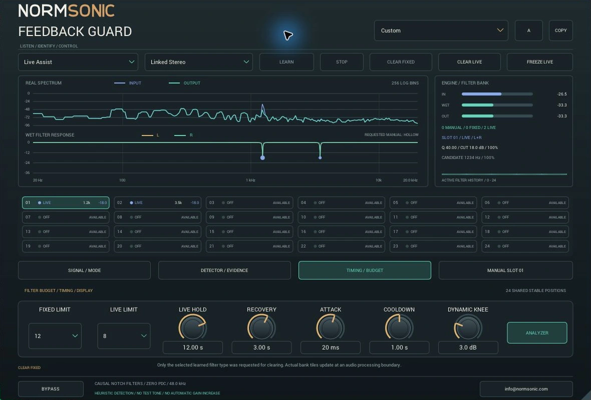 Tatsächlicher Live-Assist-Modus, adaptive Filter und Anzeigen von FEEDBACK GUARD