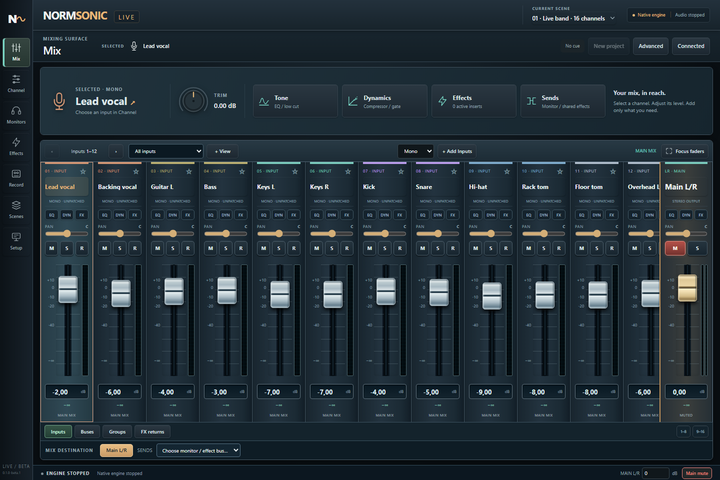 Browser-Mixeroberfläche von NORMSONIC LIVE 0.1.0-beta.1